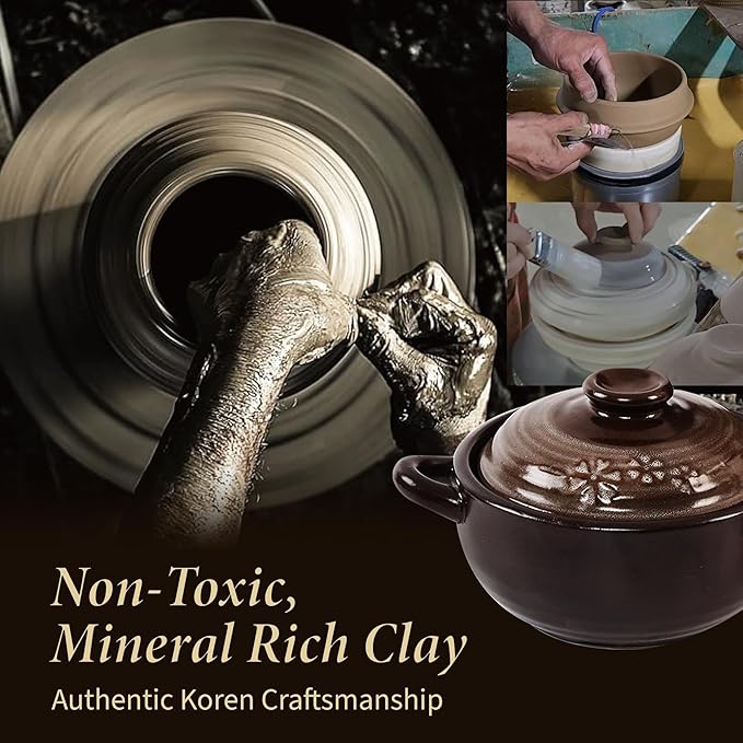 Korean Stone Bowl (34oz) Clay Pot for Cooking Korean Dishes - Brown, Large, Rustic Style - Dolsot, Ttukbaegi, Onggi, Kimchi Stone Donabe - With Lid