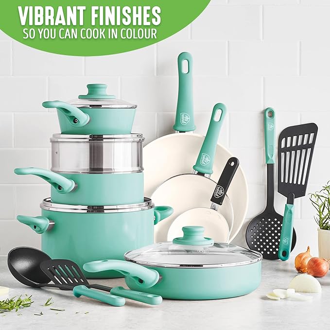 GreenLife Soft Grip 1QT and 2QT Saucepan Set, Healthy Ceramic Nonstick, Non Toxic PFAS & PFOA-Free, Dishwasher Safe, Glass Lids, Stay-Cool Handles, Easy Clean Cookware, Kitchen Essentials, Turquoise