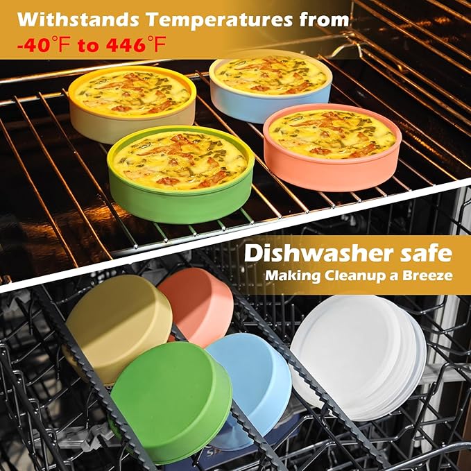 Webake 4 Inch Silicone Air Fryer Egg Molds with Lids, 4 oz Creme Brulee Dishes Shallow Ramekins, Food Storage, Microwave Egg Poacher, Set of 4