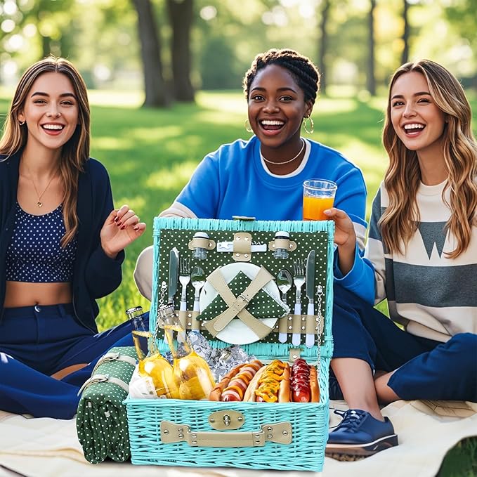 YPshuye Picnic Basket Set for 4 with Waterproof Blanket Mat Insulation Bag Wicker Blue Green Light Hawaiian Tropical Style Gift for Wedding Birthday Summer Camp Outdoor Camping Beach Travel Christmas