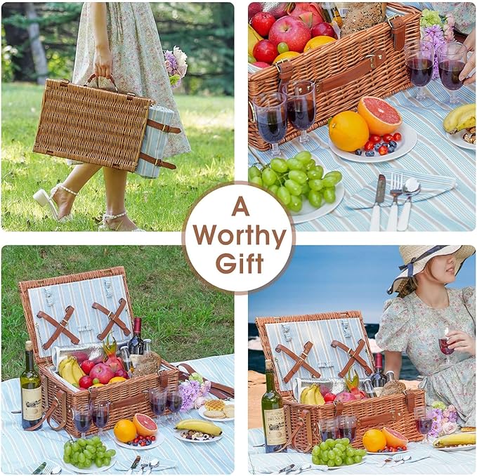 Picnic Basket Set for 4 Persons - Picnic Baskets with Large Insulated Cooler Compartment, Adjustable Shoulder Strap, Willow Hamper and Waterproof Blanket Set with Cutlery Service Kit