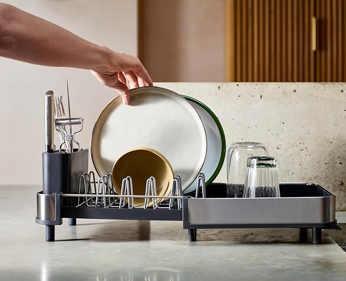 Joseph Joseph Extend Slim Steel Expandable Dish Drying Rack with Removable Cutlery Holder and Swivel Draining Spout, Compact Design, Grey