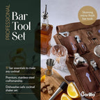 Barillio Bartender Kit Bag with Cocktail Shaker Set - Waxed Canvas, Traveling Bar Tools Bag with 17-Pc Cocktail Kit - Travel Mixology Bartending Kits - Mobile Bar Roll with Strap & Accessories