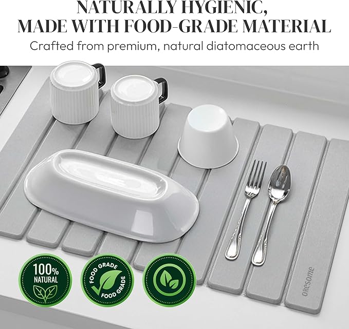 Large Stone Drying Mat for Kitchen Counter, Ultra-Absorbent & Quick Drying, Foldable Diatomaceous Earth Dish Drying Mat, Durable & Non-slip Stone Dish Drying Mat for Dishes & Utensils, 24"×16"
