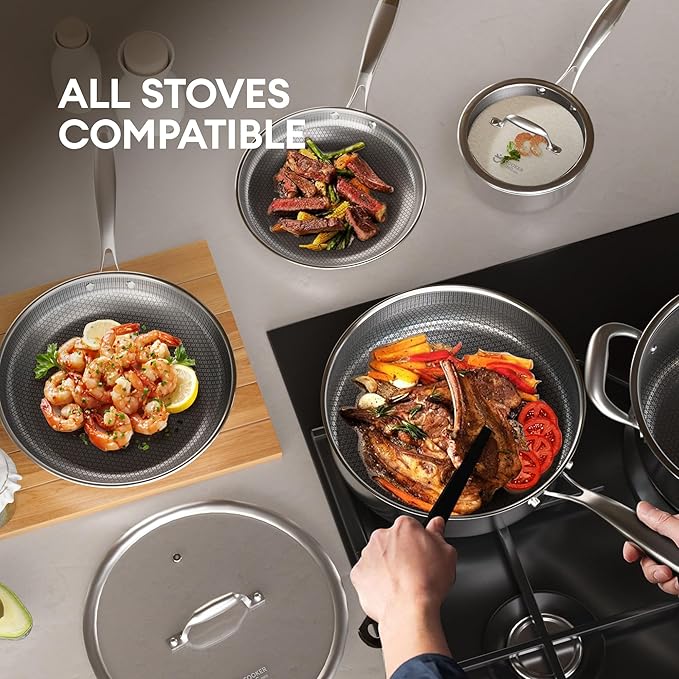 COOKER KING Stainless Steel Cookware Set, Pots and Pans Set Non Stick, Hybrid Ceramic Cookware,Non-Stick Frying Pans, Saucepans, Saute Pan & Stock Pot, Non-Toxic, Oven Safe, Induction Compatible