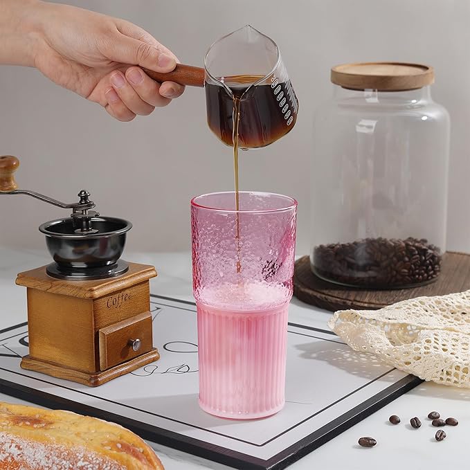 Joeyan 22 oz Pink Glass Tumbler with Straw and Lid for Iced Tea Coffee Smoothie Water Juice Beverages Soda,Ribbed Glasses Cups,Borosilicate Drinking Jar,Set of 2,Dishwasher Safe