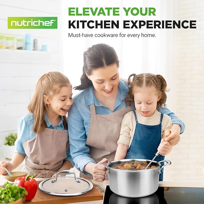 NutriChef 5 QT Stainless Steel Stew Pot - Triply Kitchenware Stew Pot with Glass Lid - DAKIN Etching Non-Stick Coating, Scratch-resistant Raised-up Honeycomb Fire Textured Pattern - NutriChef NC3PCAS