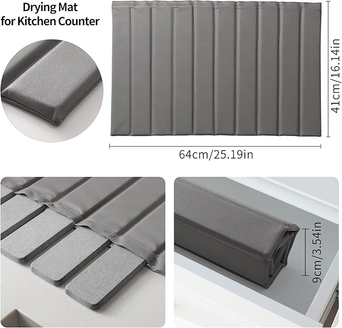 Stone Dish Drying Mat with PU Leather Surface for Kitchen Counter, Water-Absorbent Collapsible Roll up, Quick Dry, Non-Slip for Cups Dishes Bottles,Removable and washable(Medium Gray, 23.6”x15.4”)