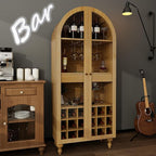 71" Wine Bar Cabinet, Arched Storage Cabinets with Door, Whiskey Station with Wine Rack and Glass Holder, Liquor Bar Cabinet for Home Kitchen Living Dining Room (Oak)