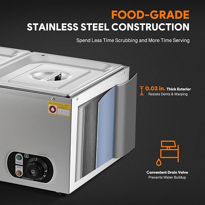 WILPREP Commercial Food Warmer with Two 1/2 Pans, 1500W Countertop Electric Steam Table, 86-185°F Adjustable Temp Control & Over-Temp Protection, Stainless Steel Buffet Bain Marie