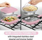 Nonstick Ceramic Saute Pan with Steamer, All-in-One Pan, PFOA,PFOS,Lead & Cadmium Free,Dishwasher Safe,4 Qt,11-inch, Pink, Stay-cool Handle,non stick chef's pan