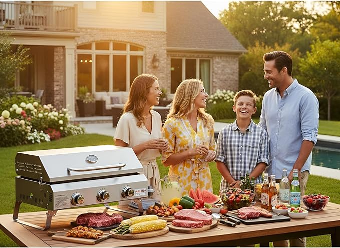 Tabletop Gas Griddle with Foldable Legs, Portable 3-Burner Propane Gas Grill Griddle Flat Top for Outdoor Cooking Patio Barbecue Camping Tailgating RV BBQ, Stainless Steel, #GS309