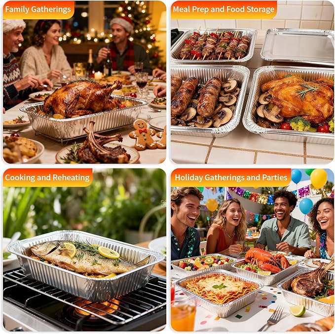 Aluminum Foil Pans with Lids 9x13 Disposable – Half Size Aluminum Foil Heavy Duty deep Turkey Roasting Pan, Tin foil Sheets Tray Chafing for Cooking, Baking, Storing, Food Prepping, 25 Pack