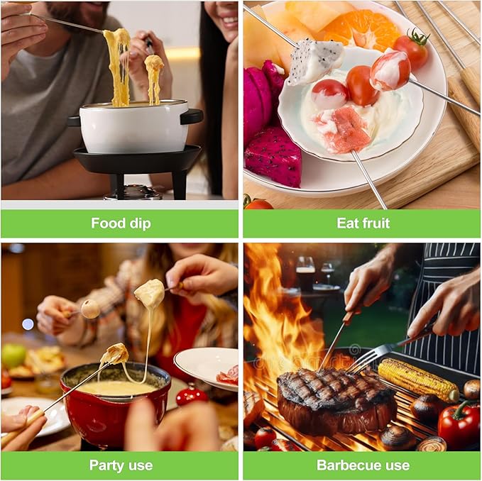 ZukoCert 6Pcs Stainless Steel Fondue Forks, Color-Coded 9.5 Inch Fondue Sticks with Wooden Handle, Heat Resistant Skewers for Cheese, Chocolate Fountain, Roast Marshmallows, Fruits