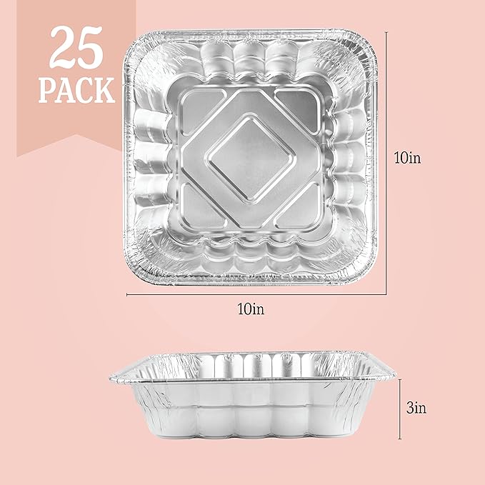 PLASTICPRO Disposable 10'' X 10'' X 3'' Inch Square Aluminum Tin Foil Baking Pans Bakeware - Cookware Perfect for Baking Cakes, Breads, Brownies, Bread, Meatloaf, Lasagna, Pack of 25