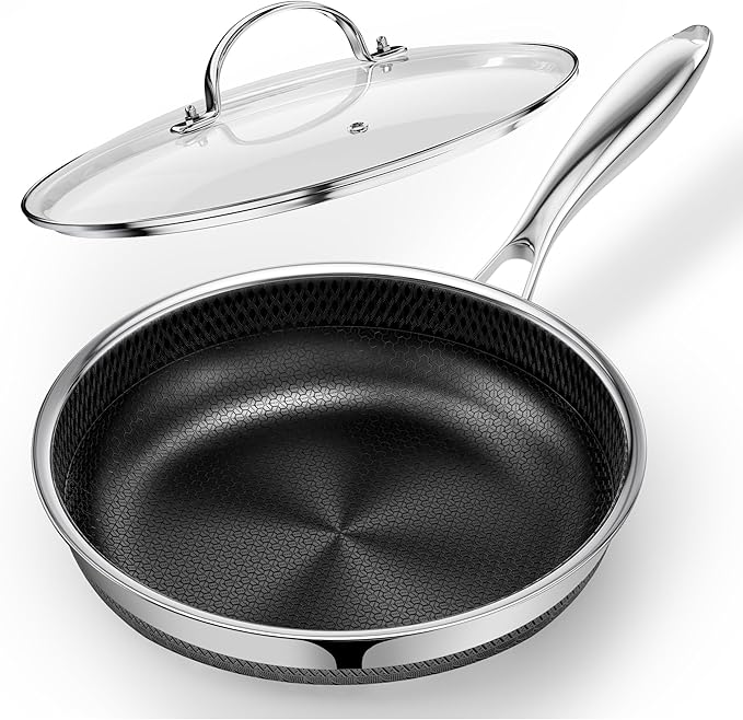 Non Stick Frying Pan with Lid, 10 Inch Hybrid Tri-Ply Stainless Steel Non Stick Skillet W/Lid Titanium Ceramic Nonstick Cookware No Toxic Induction Omelette Frying Pan, Oven Safe, PFAS/PFOA/PTFE Free