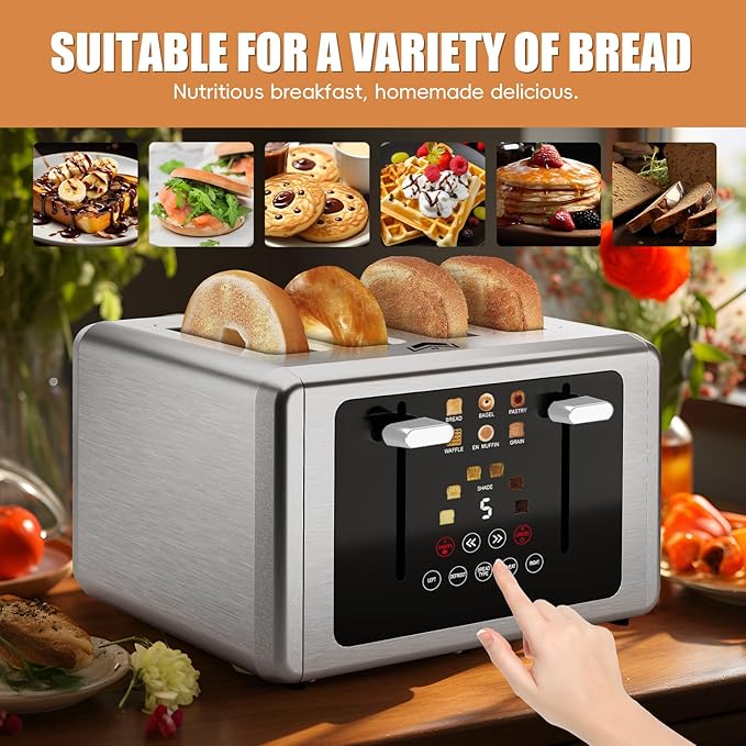 4 Slice Toaster, Touchscreen & Dual Independent Control Panel，5 Basic Functions & Digital Countdown Toasters, 6 Shade Settings＆6 Bread Types, Smart Bread Maker Mute/Screen-Off,White