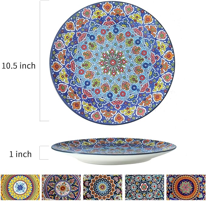 glowworm Dinner Plates, 10.5 Inch Ceramic Plates Set of 6 for Steak, Snacks, Pizza, Cake, Colorful Serving Dishes for Kitchen, Microwave, Oven & Dishwasher Safe, Bohemian