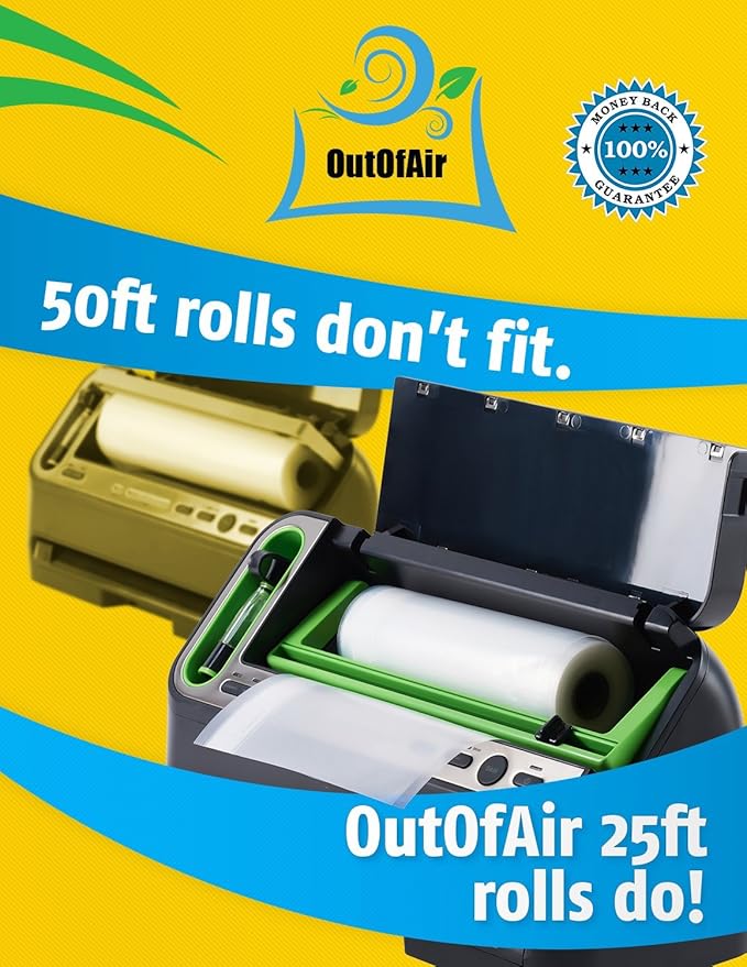 8" x 25' Rolls (Fits Inside Machine) - BULK 8 Pack (200 ft total) OutOfAir Vacuum Sealer Rolls Works With FoodSaver & Other Machines, 33% Thicker BPA Free Sous Vide Commercial Grade Bags