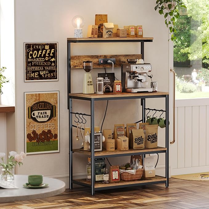 SUPERJARE Bakers Rack with Power Outlets, Microwave Stand, 31.5 X 16.5 Inch Larger Desktop, Kitchen Storage Rack with Adjustable Middle Shelf, 6 S-Shaped Hooks, Coffee Bar Stand, Rustic Brown