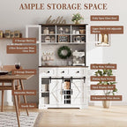 72" Farmhouse Bar Cabinet with Sliding Barn Door, Tall Kitchen Buffet with Storage Hutch and 3 Drawer, Rustic Coffee Wine Bar Sideboard with Wine & Glasses Rack, for Living Room, Pure White