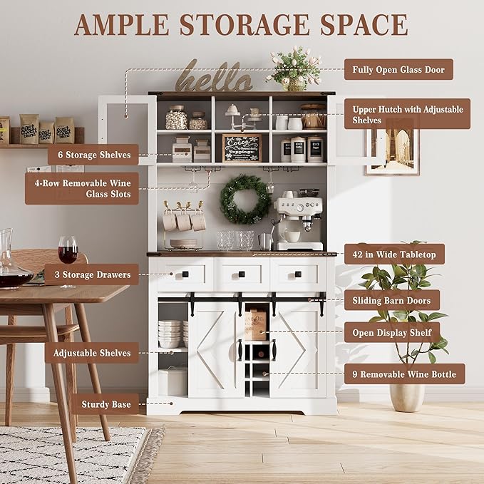 72" Farmhouse Bar Cabinet with Sliding Barn Door, Tall Kitchen Buffet with Storage Hutch and 3 Drawer, Rustic Coffee Wine Bar Sideboard with Wine & Glasses Rack, for Living Room, Pure White