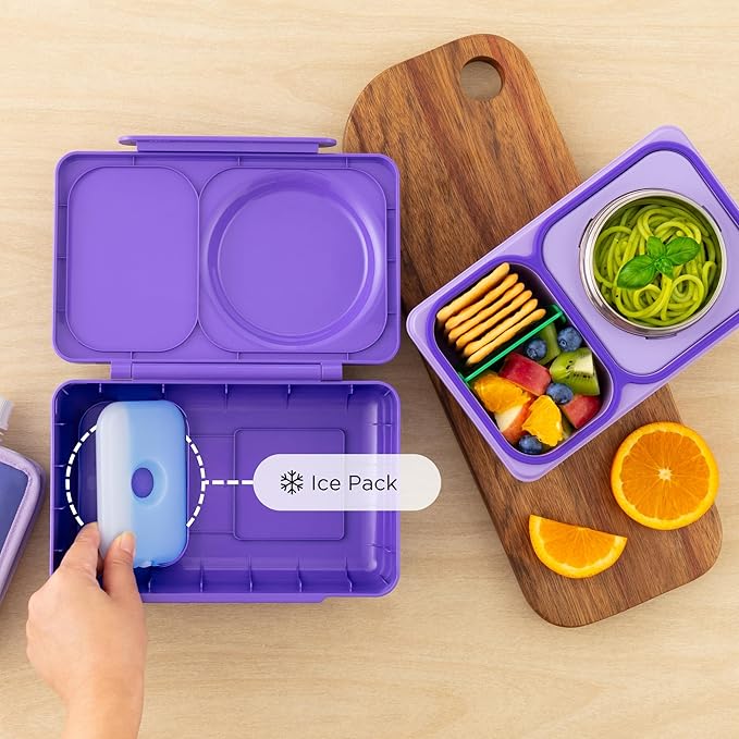 Omie OmieBox UP bento Box for Kids | Insulated Lunch Box | Leak Proof Vacuum Insulated Thermal Food jar | Cooler ice Pack | 2 Compartments (Galaxy Purple)