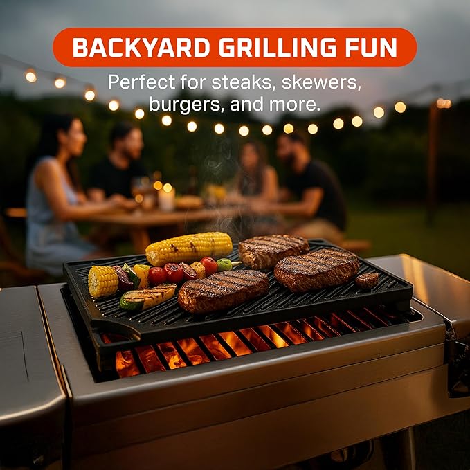 Bruntmor 2-in-1 Reversible Grill Plate - Pre-Seasoned Cast Iron Griddle Pan for Gas Stovetop, Oven, or Open Fire - 17x10-Inch Rectangular Double Sided Flat Pan for Camping, Roasting, and Grilling