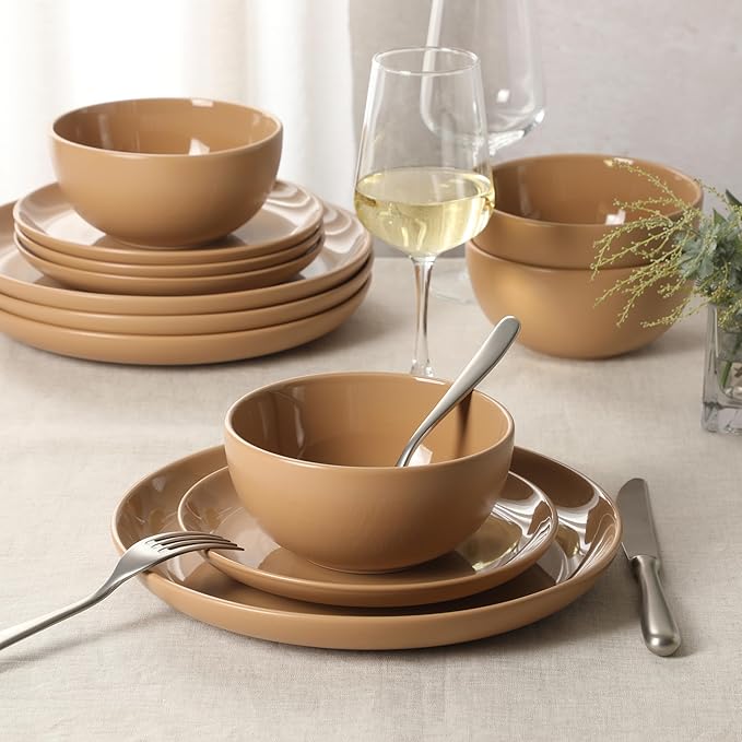 Gibson Home Rockaway 12-Piece Round Stoneware Dinnerware Set, Service for 4 – Beige Plates and Bowls, Modern Matte Finish, Microwave & Dishwasher Safe