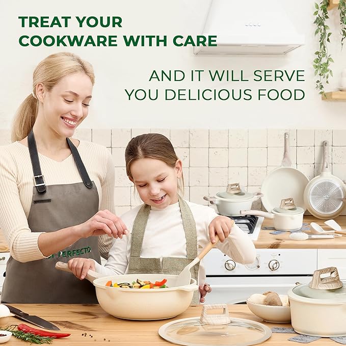 JUST PERFECTO Induction Pots Set - Pan Set with Lid - Induction Pots Set - Pots & Pans Set without PTFE and PFOA - Cookware Pot Set Induction 14Pcs (light beige)