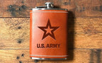 Leather Wrapped 8 oz Army Flask | Stainless Steel USA Hip Flask – Tobacco Brown, US Army Gifts | Disabled USMC Vet Owned SMALL Business