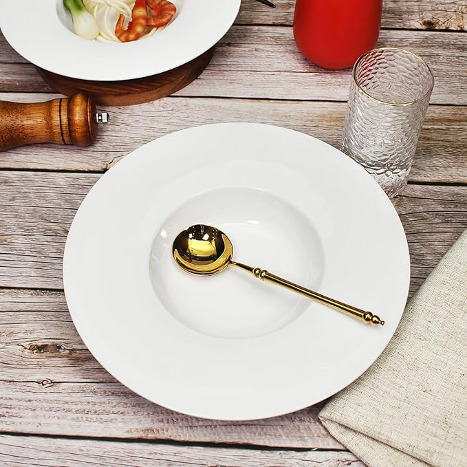 Ceramic Wide Rimmed Soup Plate, Soup Bowl 14 oz, Pasta Bowl Set of 4, White Shallow Bowl Plate with Rim, Best choice for high-end restaurants, hotels, and foodies, 12 Inch