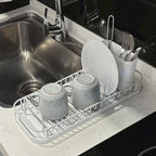 SunnyPoint 304 Stainless Steel NeverRust Compact Dish Drying Rack with Utensil Holder & Removable Drain Tray, Rustproof Small Dish Rack for Kitchen Countertop or Over Sink – White