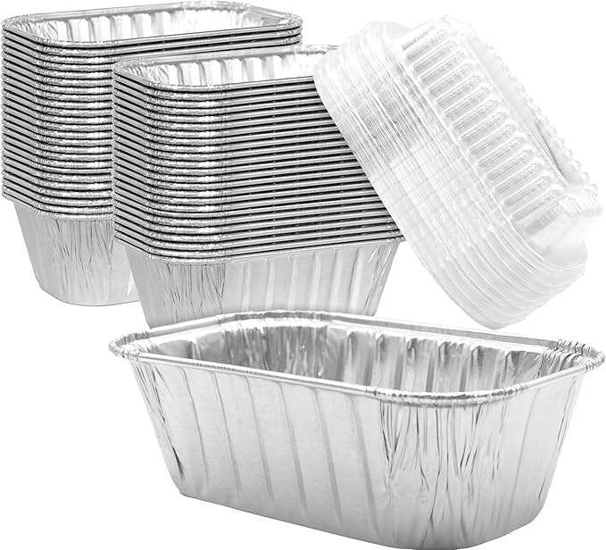 Chef-Grade Thick 6x3.75in Tin Loaf Pans w/Lids 50 Pk. Best Disposable Bakeable 1Lb Aluminum Foil Pan for Baking Bread Small Meatloaf or Lemon Bundt Cake for Holiday Gifts Bake Sales or Fundraisers.