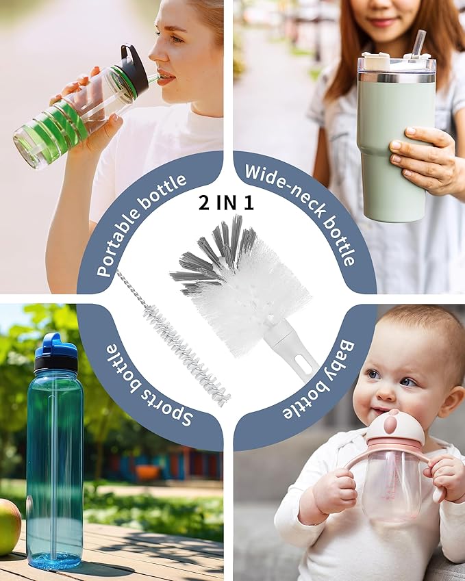 2 in 1 Long Handle Bottle Brush with Straw Brush for Cleaning Glass, Sports Bottle, Coffee Mug,Navy Blue,1 Pack