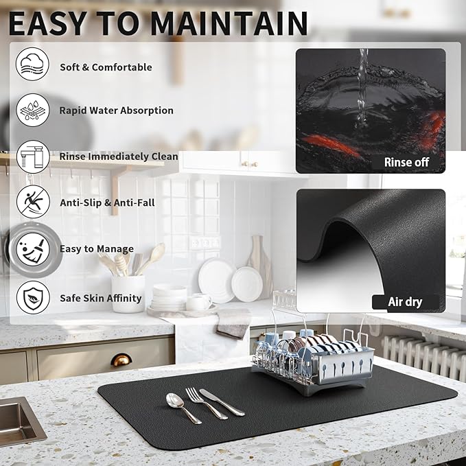 Dish Drying Mat for Kitchen Counter, Heat Resistant Drainer Mats with Non-slip Rubber Backed, Hide Stain Kitchen Super Absorbent Draining Mat, Easy to Clean Dish Rack Pad, Black 18"x24"