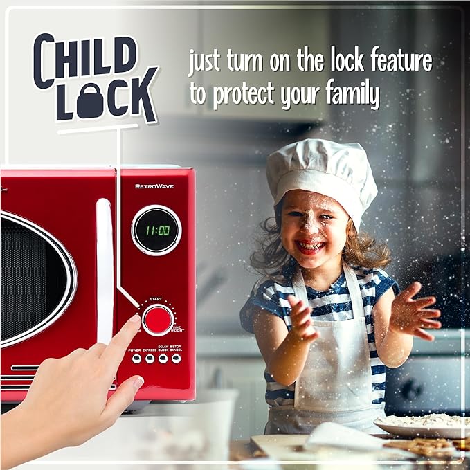 Nostalgia Retro Countertop Microwave Oven, 0.9 Cu. Ft. 800-Watts with LED Digital Display, Child Lock, Easy Clean Interior, Red