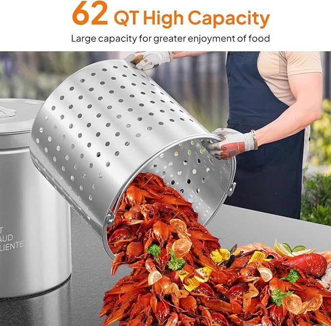 ROVSUN 62QT Stainless Steel Seafood Boil Pot With Strainer Basket, Lid & Hook, Versatile Stock for Crab, Lobster, Shrimp Boiling, Heavy-Duty Turkey Fryer for Outdoor Cooking & Gatherings