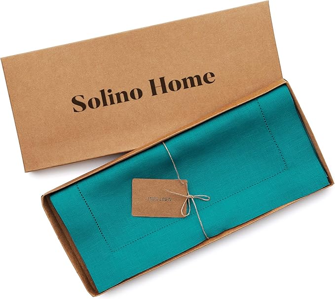 Solino Home Linen Hemstitch Table Runner 36 Inches - 100% Pure Linen Teal Table Runner 14 x 36 Inch Ideal for Dresser and Coffee Tables - Summer, Fall, Autumn - Classic Hemstitch