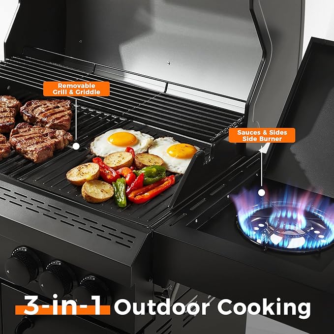 4-Burner Propane Gas Grill, 50,000 BTU Heavy Duty Outdoor BBQ Grill with Side Burner, Cast Iron Cooking Grates & Griddle for Backyard Barbecue