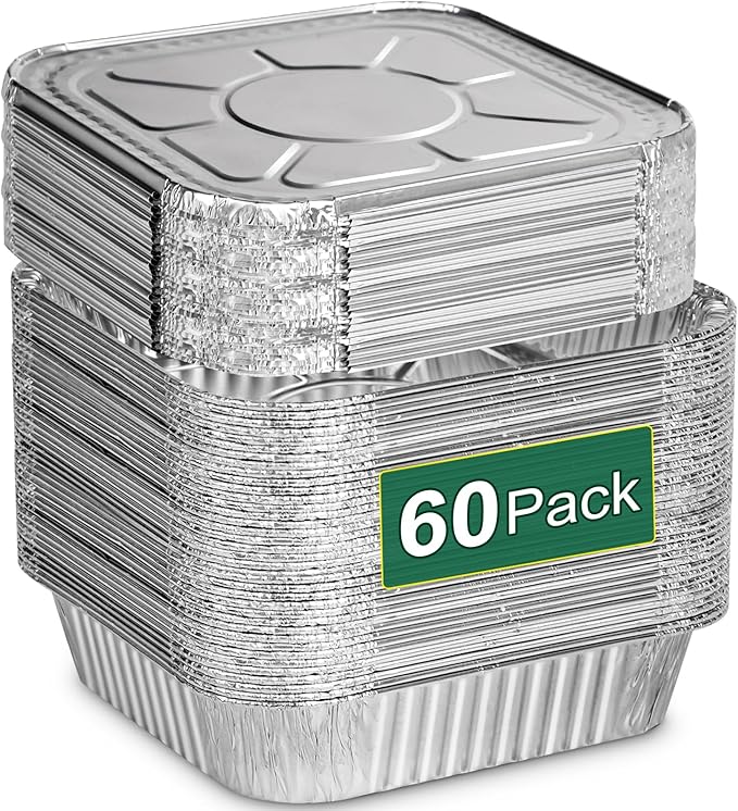 8x8 Aluminum Pans with Lids - 60 Pack Square Disposable Aluminum Foil Baking with Covers - Disposable Baking Pans for Air Fryer, Oven, Cooking