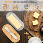 Butter Dish with Lid, Butter Container for Countertop, Butter Tray Butter Keeper with Bamboo Lid and Stainless Steel Knife, Glass Butter Dish Perfect for East/West Coast Butter