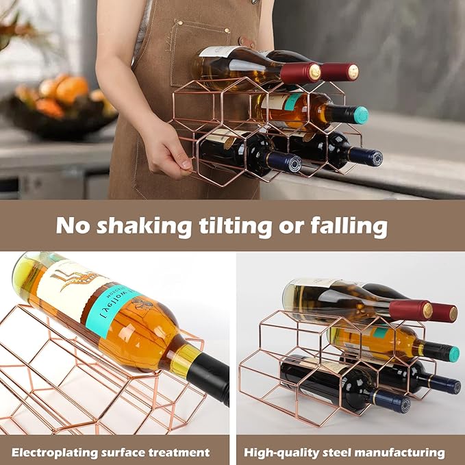 Rose Gold Wine Racks Countertop 9 Bottle,Geometric Stainless Steel Wine Bottle Holder,Compact Small Wine Rack for Cabinet Pantry Bar Table No Assembly Required