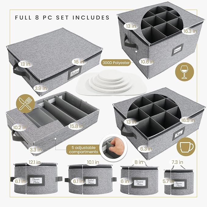 HOMELUX THEORY Hard Shell China Storage Containers, 6pc LightGray Mug & Plate Storage Box, Kitchen Storage Bins W/Lids, Heavy Duty Moving Box with Handles for Dishes, Glassware, Stemware, Cup & Mug