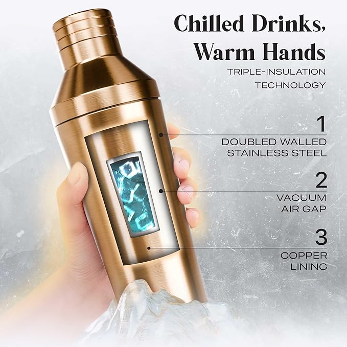 Insulated Cocktail Shaker Set | Double Wall Stainless Steel | Martini Shaker for Home Bar Bartending | Built-in Drink Measurement System & Strainer, Travel Bag, 35 Recipes | Gift Set (Copper)