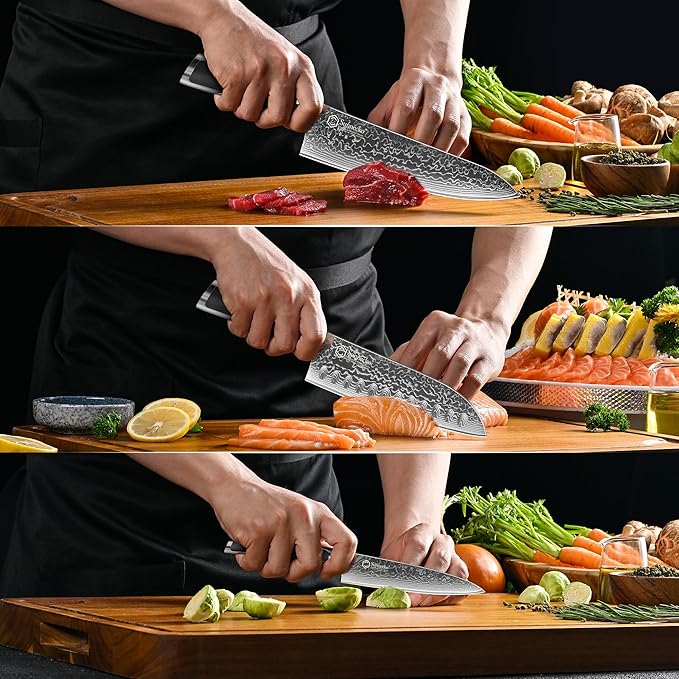 Sunnecko Damascus Kitchen Knife Set 3 Piece, Sharp Chef Knife Set Professional Kitchen Knives Sets Full Tang with Gift Box