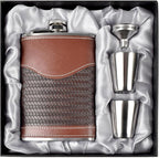 Hip Flasks for Men Leather Hip Flask Gift Set,Hip Flask 304 Stainless Steel Flask Set w/Funnel Shot Glasses Gift for Whiskey Rum Groomsman Best Man Usher Wedding-Leather Stripe Brown-8oz