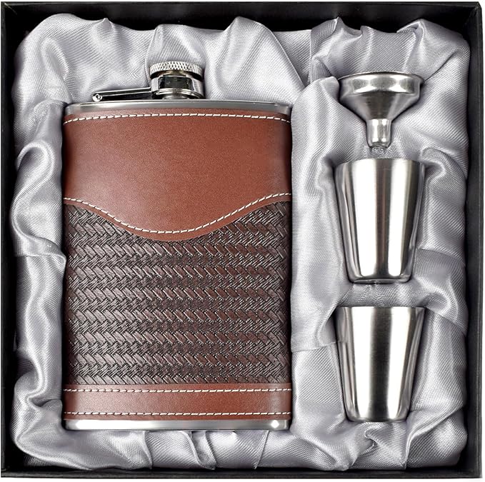 Hip Flasks for Men Leather Hip Flask Gift Set,Hip Flask 304 Stainless Steel Flask Set w/Funnel Shot Glasses Gift for Whiskey Rum Groomsman Best Man Usher Wedding-Leather Stripe Brown-8oz