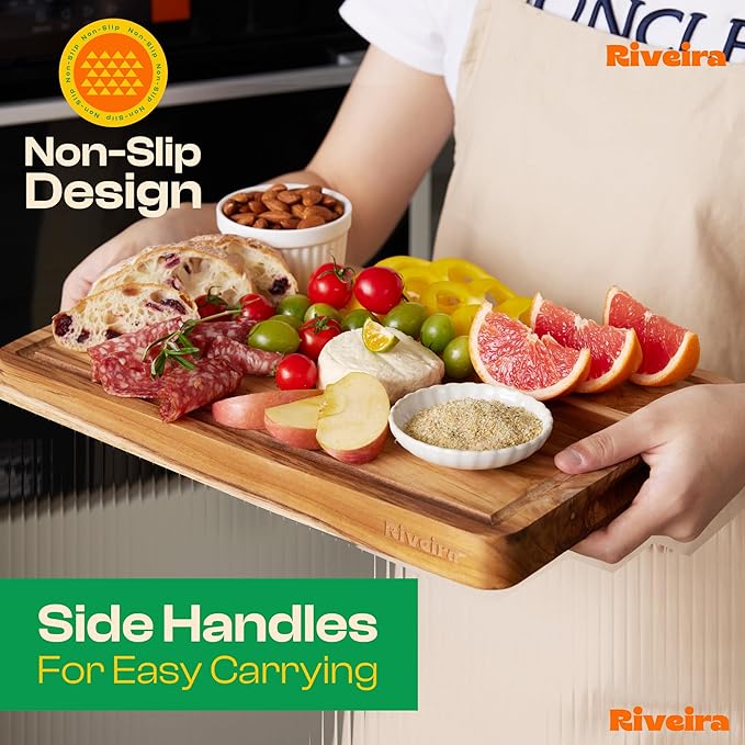 Riveira Teak Wood Cutting Board – Gourmet Teak Grandeur: 24 x 18 Wooden Cutting Board – Natural Wooden Cutting Boards For Kitchen Decorative – Innovative Juice Grooves Teak Wooden Chopping Board