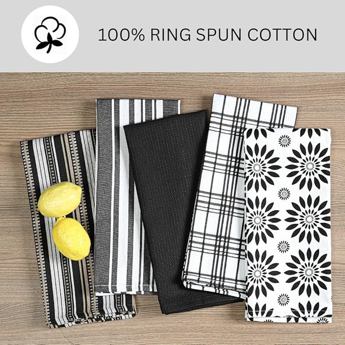 Assorted Kitchen Towels Large 16x26 Inch 100% Cotton Set of 5 - Dish Cloths Towels with Hanging Loop - Soft Absorbent Washable Tea Towels for Kitchen - Quick Drying Dish Towels Black